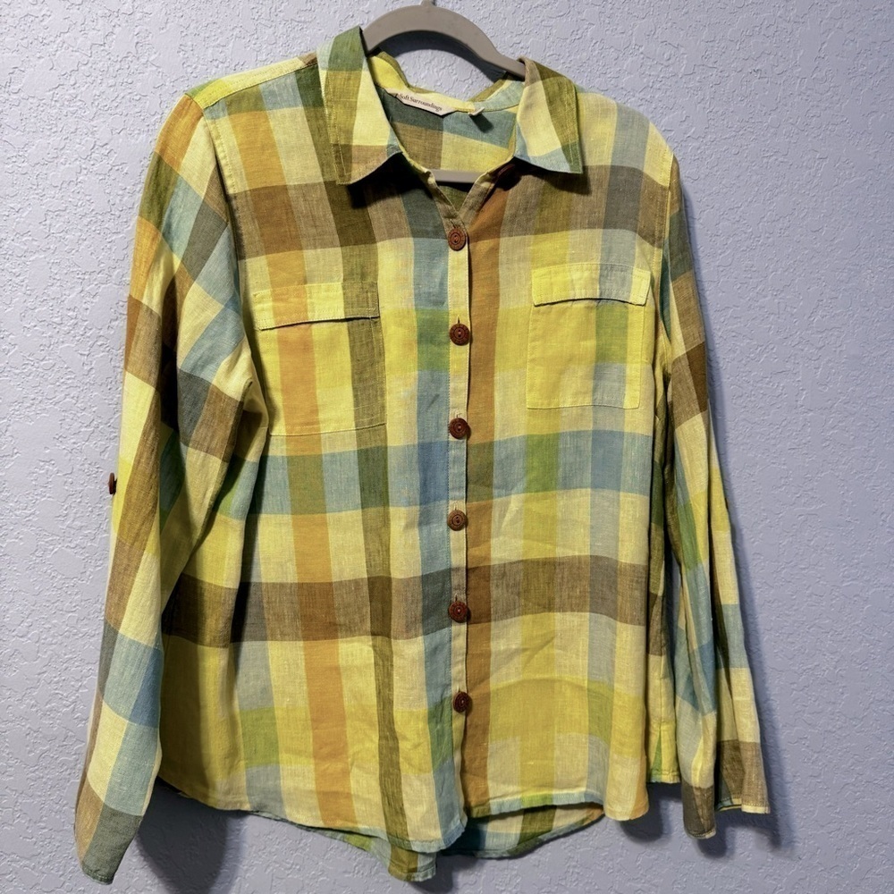 Soft Surroundings Avalon Tartan Plaid Linen Short Sleeve Wooden Buttons Shirt